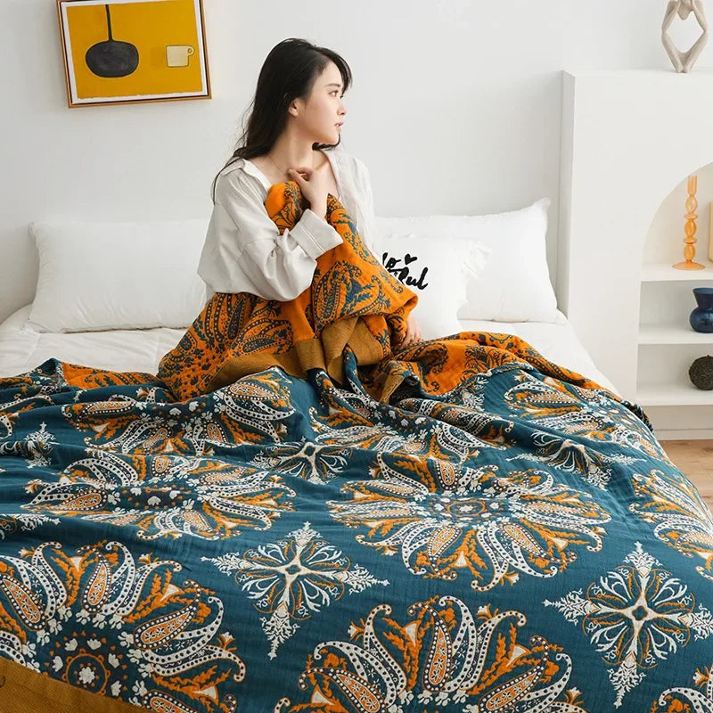 DecorBites™ Geometric Cotton Gauze Summer Blanket – Stylish Home Textile for Adults