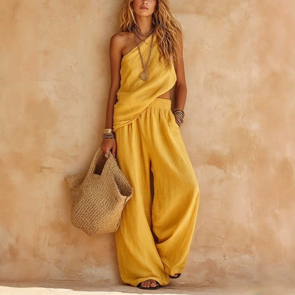 Womens Casual Matching Set Summer Linen Wide Leg Pants Jumpsuit Two Piece Outfits