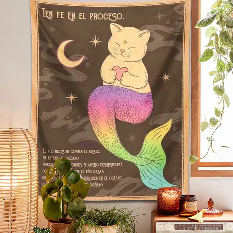 DecorBites™ Cat Tapestry: Bohemian Moon Cat Wall Art for Cute Home Decor