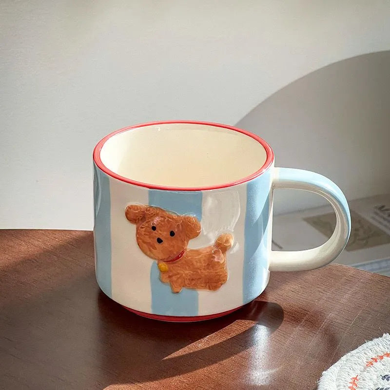 DecorBites™ Kawaii Animal Ceramic Drinkware Set: Coffee Cup, Dessert Plate, Cute Dog Mug