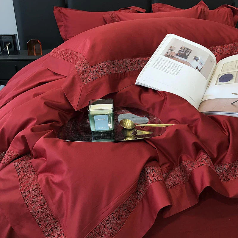 DecorBites™ Grey Hollow Lace 1000TC Egyptian Cotton Bedding Set with Wide Edge