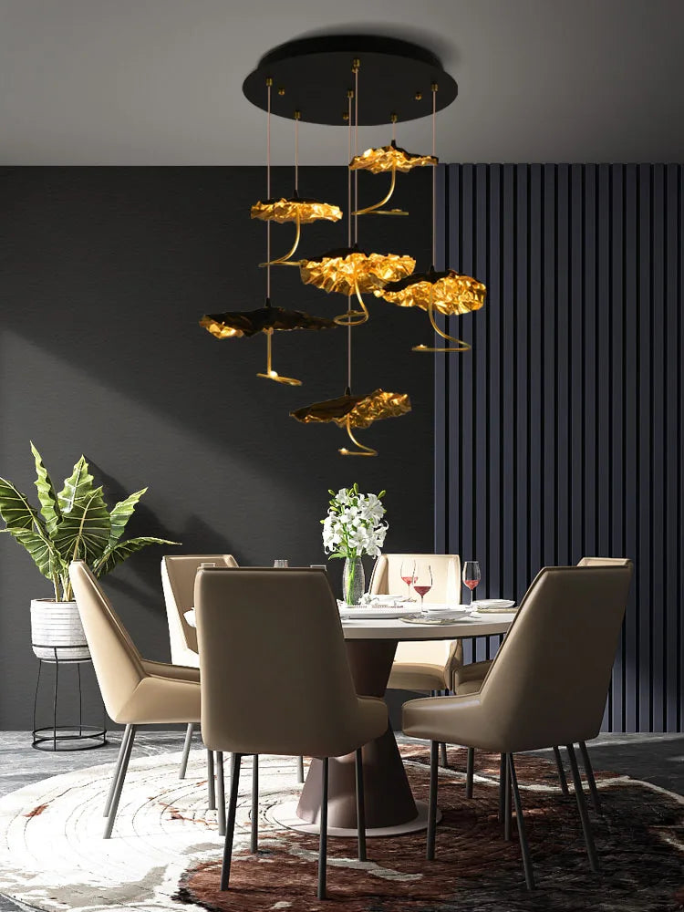 DecorBites™ Lotus Staircase LED Chandelier - Multi-Head Copper Black Gold Hanging Lamp