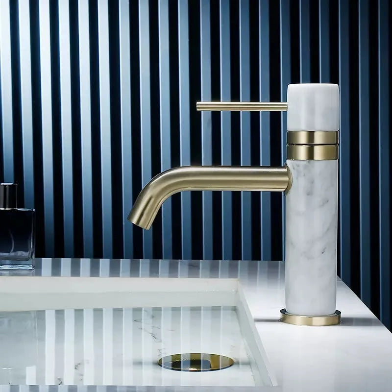 DecorBites™ Brushed Gold Bathroom Faucet with Swivel Spout and Marble Accents