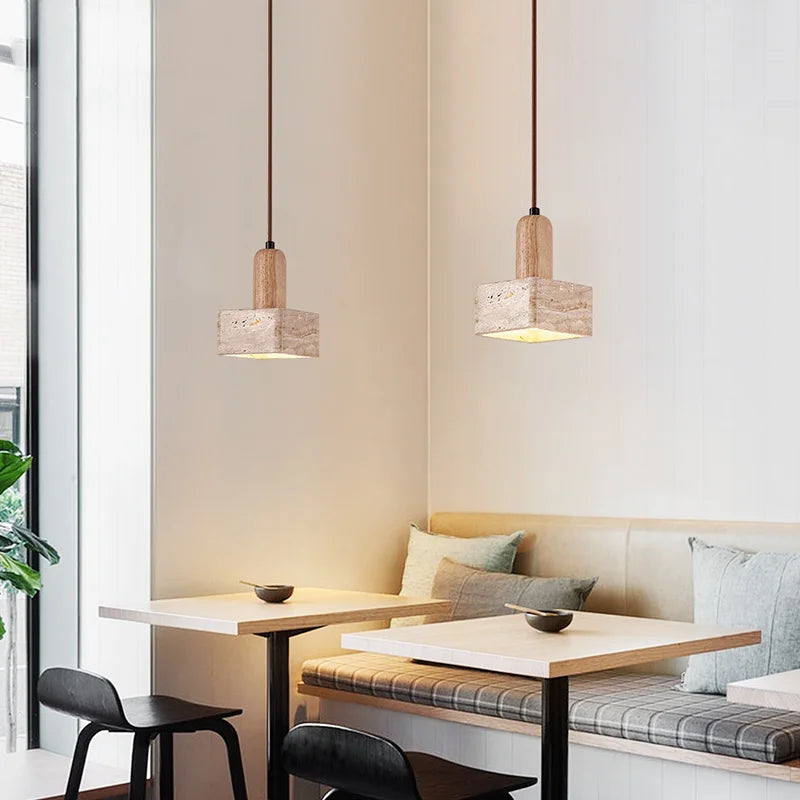 DecorBites™ LED Pendant Lamp Yellow Travertine Stone Wood Nordic Modern Hanging Light