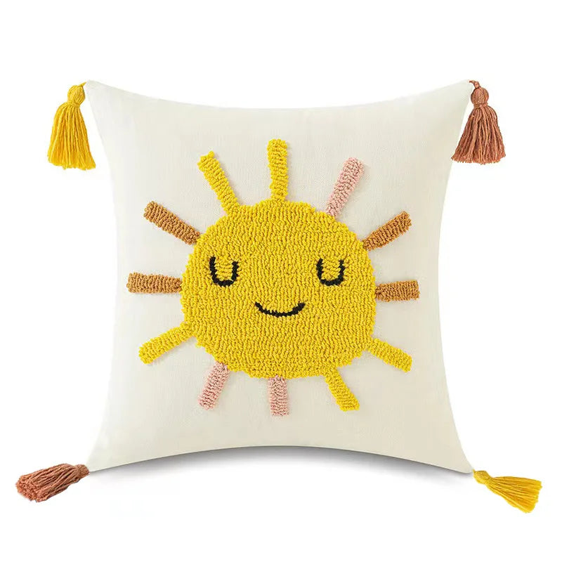 DecorBites™ Boho Yellow Rainbow Star Moon Embroidery Pillow Cover 45x45cm with Tassels