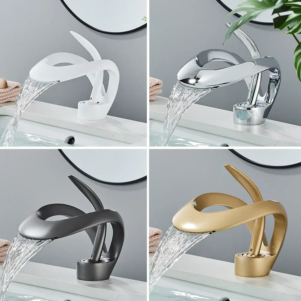 DecorBites™ Black Basin Faucet Grey Waterfall Mixer Tap Hot Cold Modern Brass Deck Mount