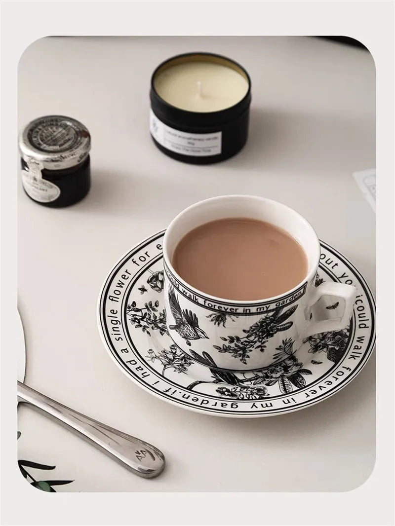 DecorBites™ Black Bird Ceramic Coffee Cup and Saucer Set for English Afternoon Tea and Coffee