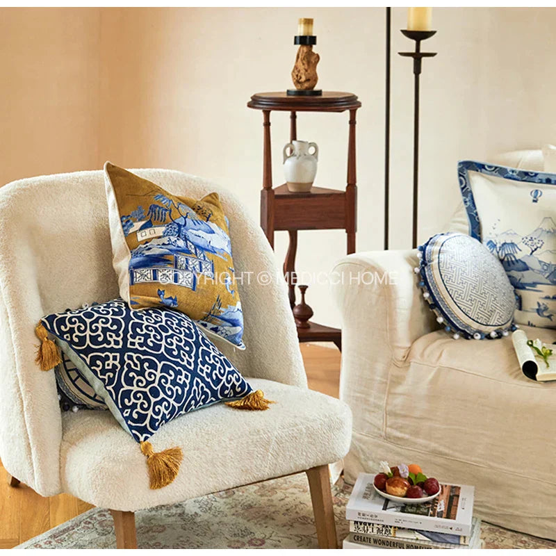 DecorBites™ Blue Chinoiserie Home Pagoda Bolster Pillowcase 30x65 Luxury Cushion Cover