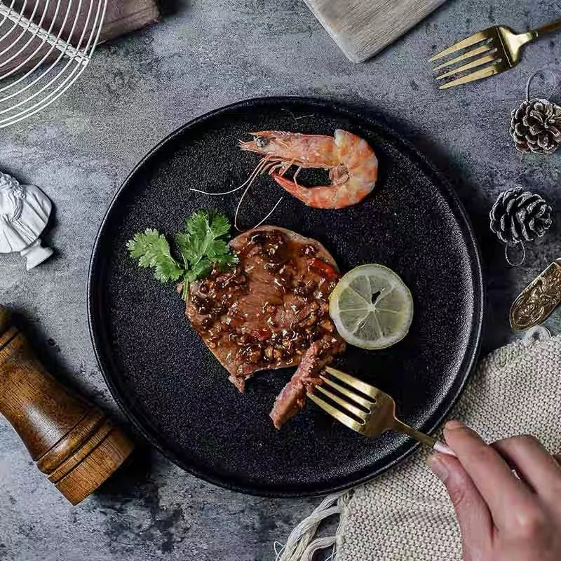 DecorBites™ Black Ceramic Dinner Plate Steak Salad Lunch Plate Tray - Hotel Restaurant Tableware