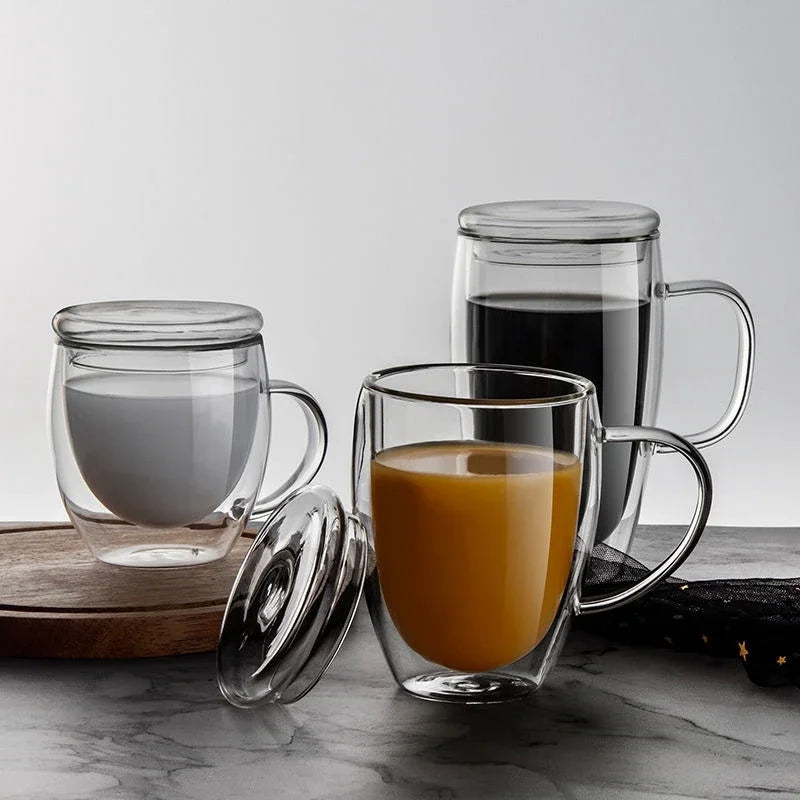 DecorBites™ Double Wall Tumbler Set: Beer Whiskey Wine Glasses Tea Mug Coffee Cup with Lid