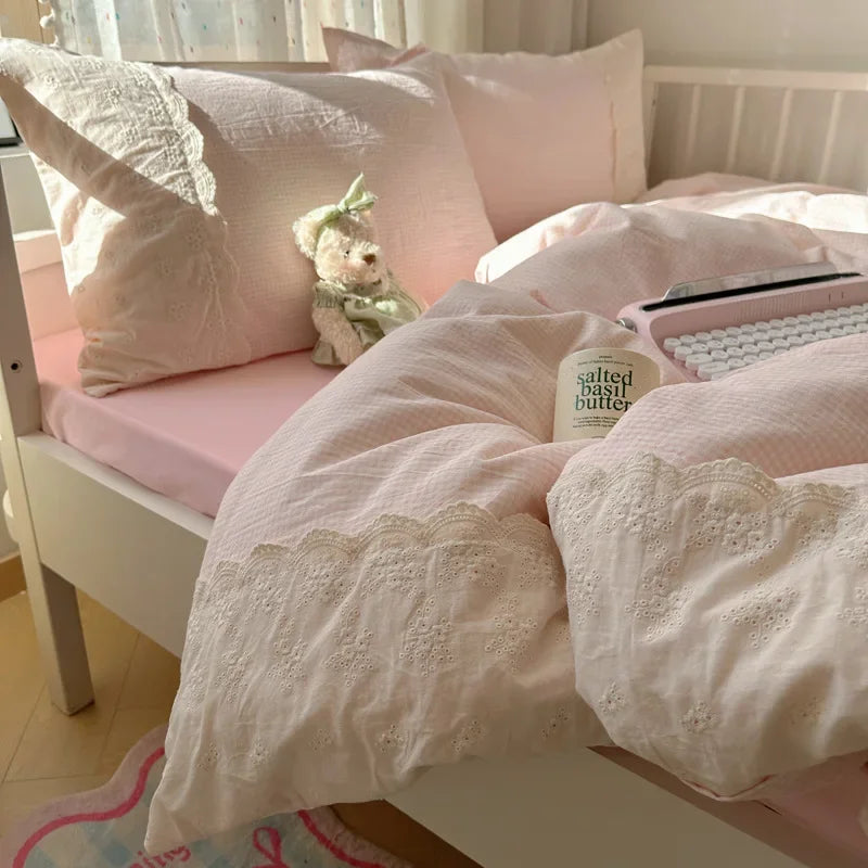 DecorBites™ Lace Duvet Cover Bedding Set 4Pcs French Washed Cotton for Single Double Bed