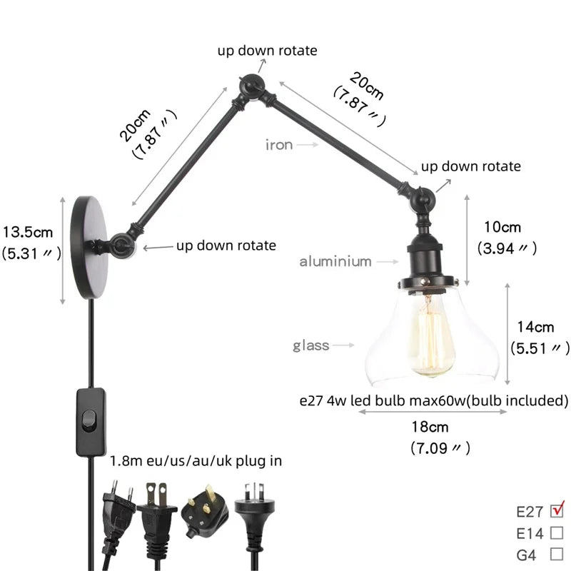 DecorBites™ Industrial Loft Swing Arm Wall Sconce Clear Glass Pull Chain Switch Bedside Lamp