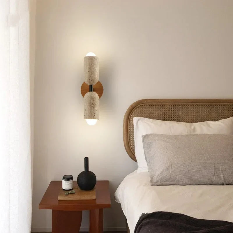 DecorBites™ LED Wall Light Fixture Travertine Stone Wood Canopy Bedside Lamp