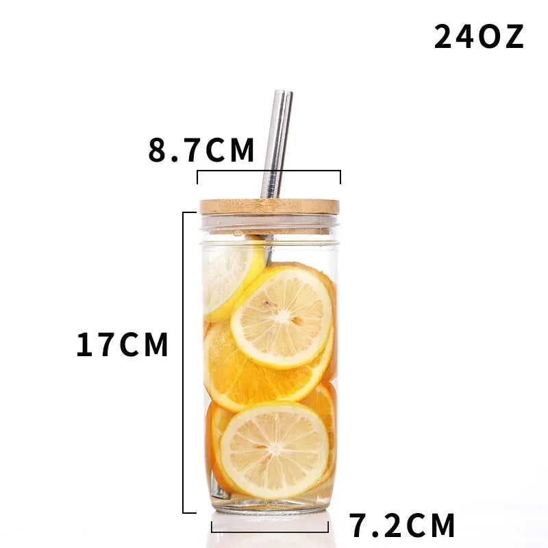 DecorBites™ Glass Boba Smoothie Cup with Bamboo Lid & Stainless Steel Straw