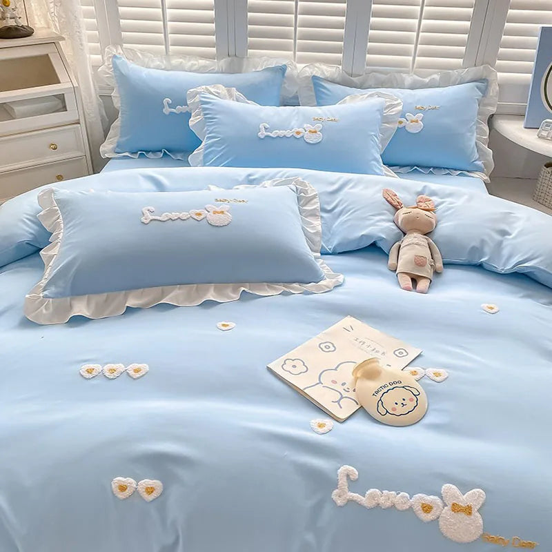 DecorBites™ Cartoon Embroidery 100% Cotton Bedding Set King Queen Bedclothes