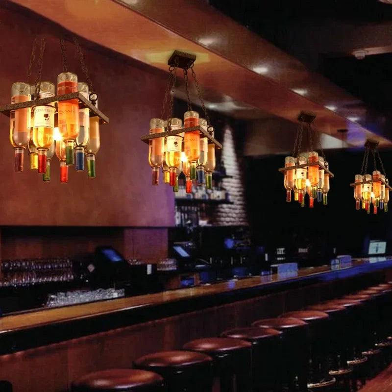 DecorBites™ Industrial Metal Wine Bottle Chandelier for Coffee Shop Bar LED Decor