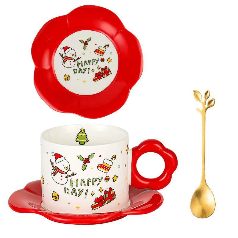DecorBites™ Christmas Ceramic Santa Tea Set with Spoon, Festive Coffee Cup & Saucer
