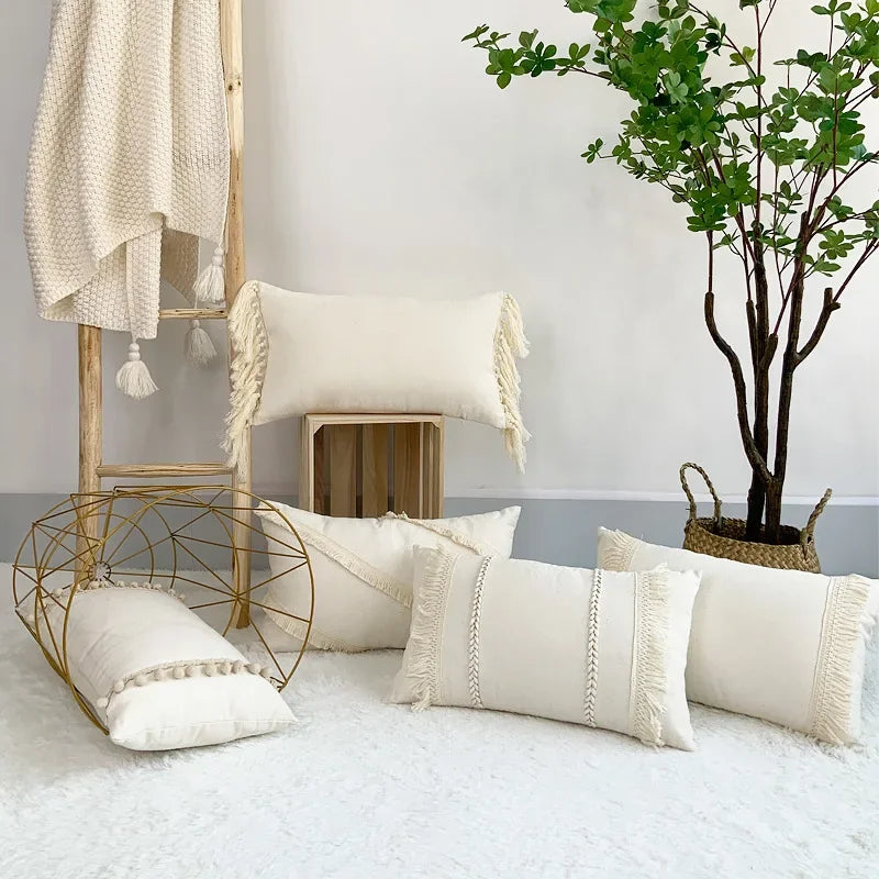 DecorBites™ Boho Linen Cotton Pillow Cover with Tassels - Beige Square/Rectangular 45x45cm/30x50cm