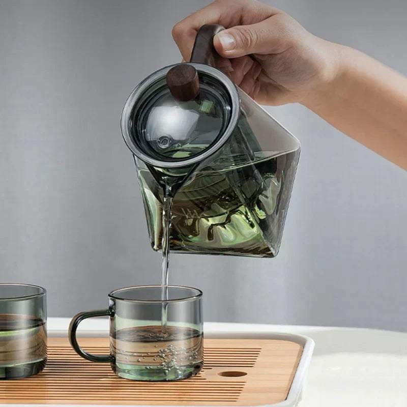 DecorBites™ Glass Teapot with Wood Handle, Heat Resistant Kung Fu Tea Kettle, Transparent Teaware