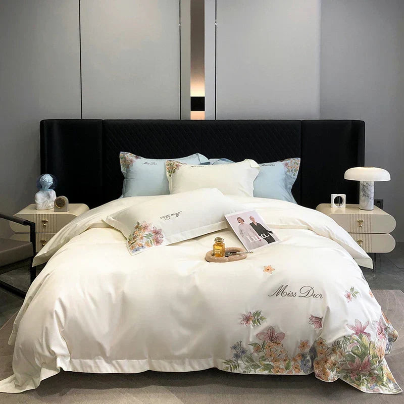 DecorBites™ Egyptian Cotton Flowers Embroidery Luxury Bedding Set - Queen King Size