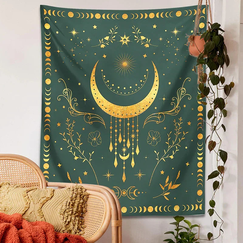 DecorBites™ Celestial Moon Phase Tapestry with Floral Accents