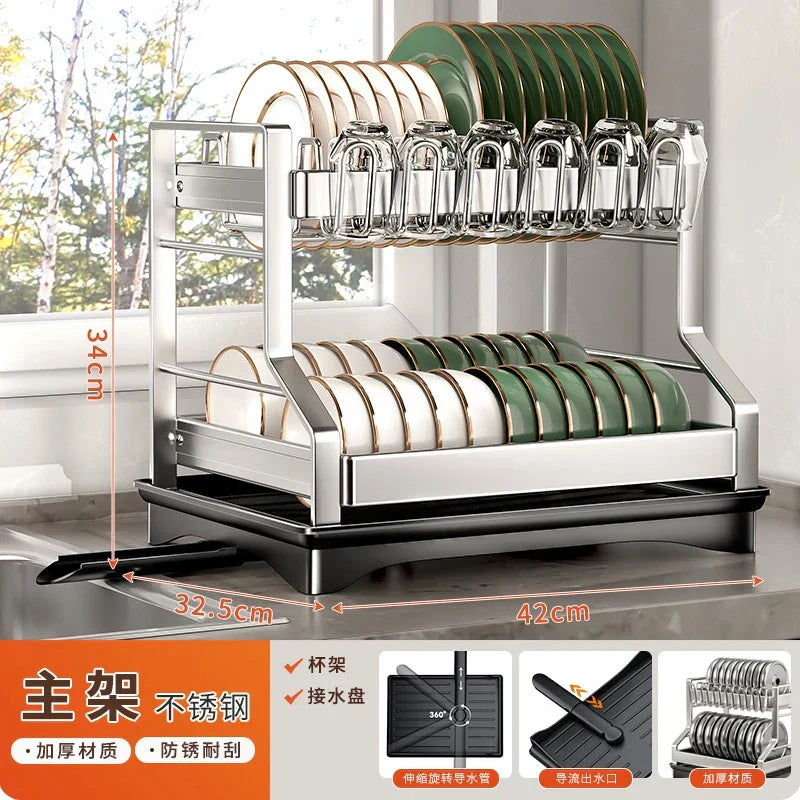DecorBites™ 2 Tier Dish Drying Rack Utensils Storage Organizer with Drainboard