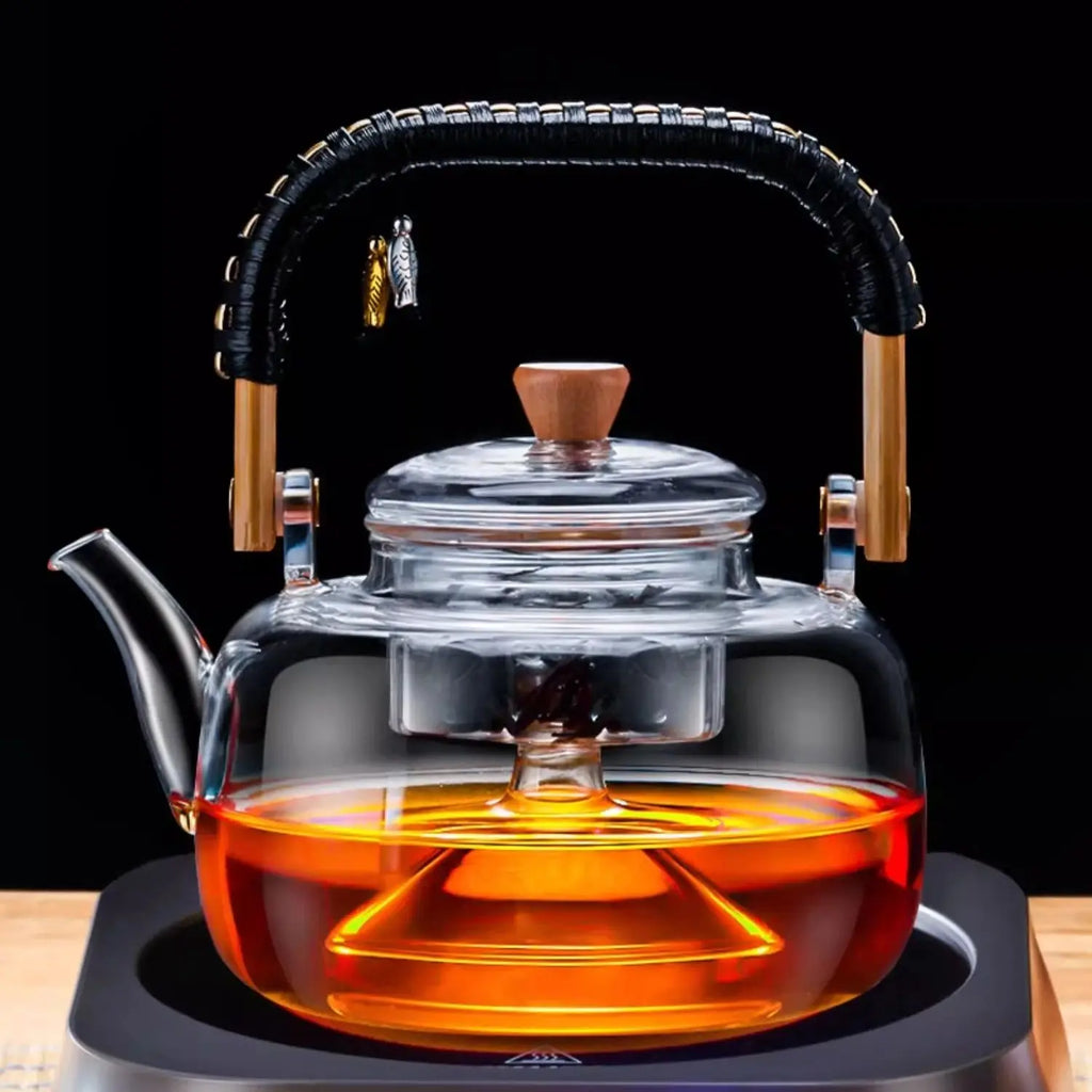 DecorBites™ Glass Tea Pot with Wooden Handle, 900ml Capacity & Absorbent Tea Towel
