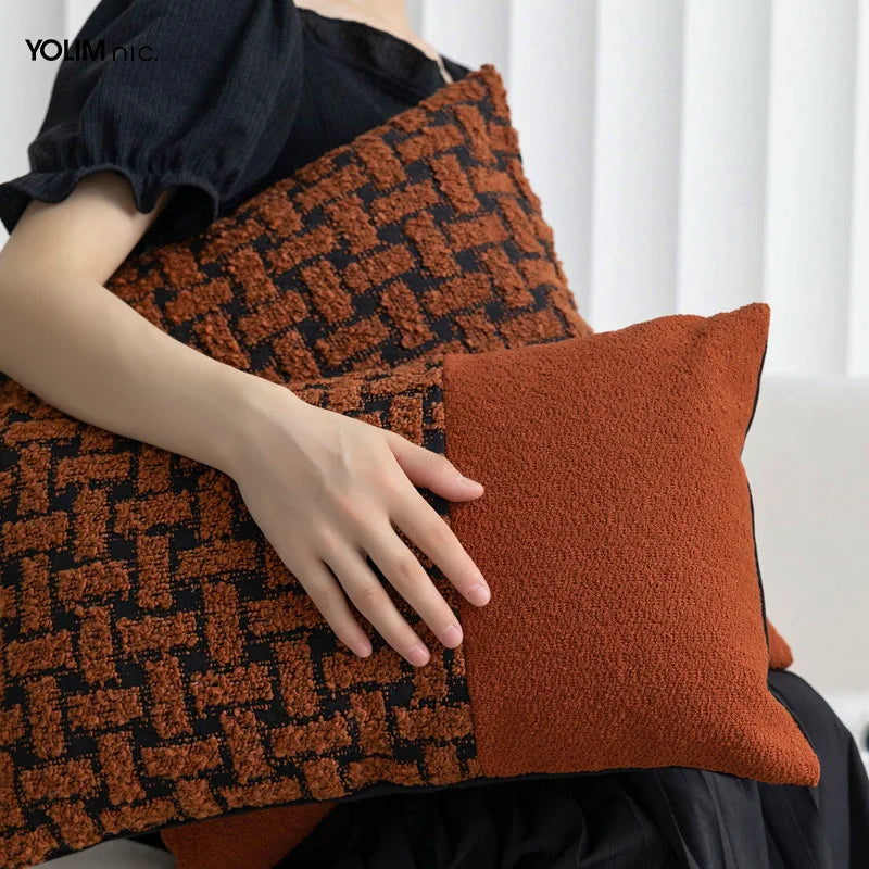 DecorBites™ Caramel Color Velvet Sofa Pillowcase with Geometric Panelled Cushion Cover