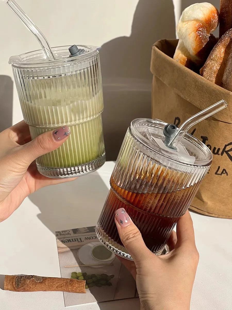 DecorBites™ 1/2PCS 450ml Stripe Glass Cup with Lid and Straw | Stylish Party Beverage Glasses