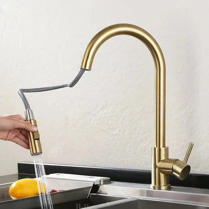 DecorBites™ Brushed Gold Pull Out Kitchen Faucet Luxury Black Sink Tap Kitchen Mixer