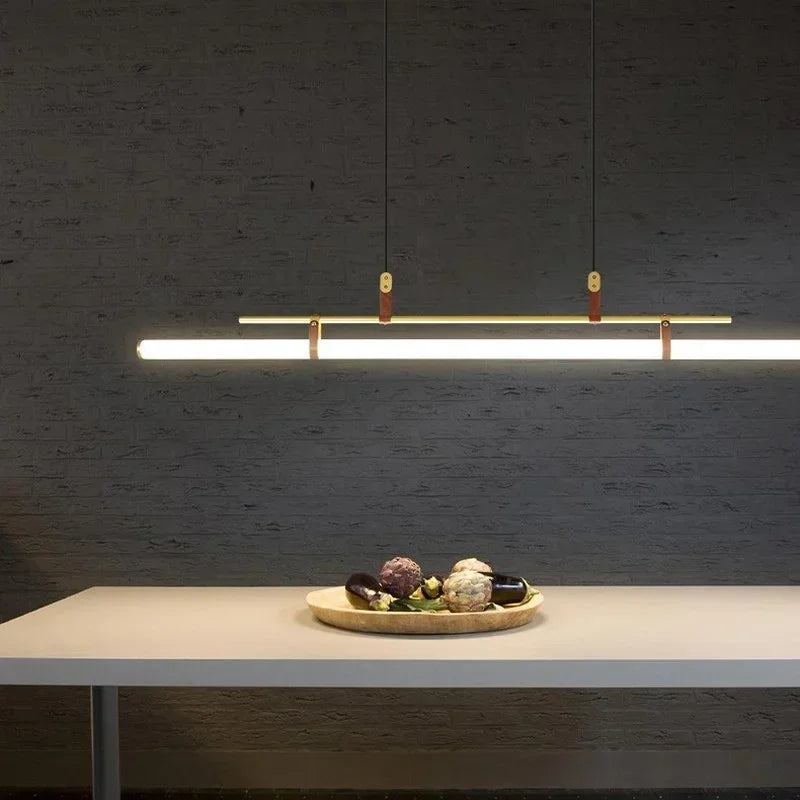 DecorBites™ Eden Modern Black Gold Leather Tube LED Pendant Chandelier