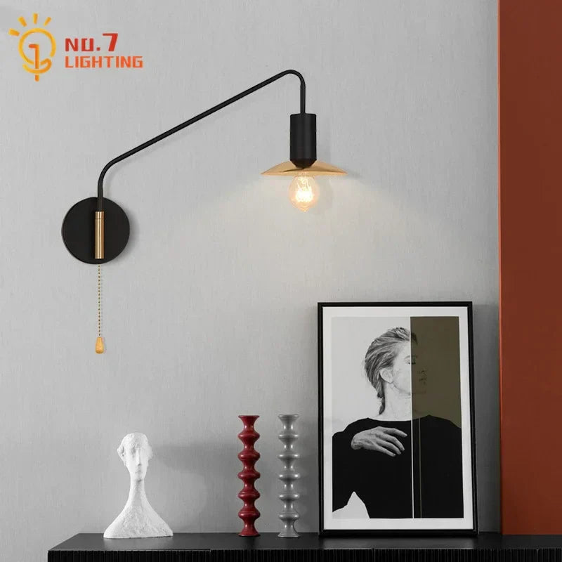 DecorBites™ Black/Gold Swing Arm Wall Lamp LED E27 Bedroom Reading Cafe Luxury