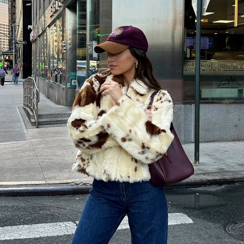 Neo Mint Chic Street Girls Cow Print Fur Coat Women 2025 Winter New Brand Fashion Warm Faux Fur Jacket Autumn Iconic Streetwear