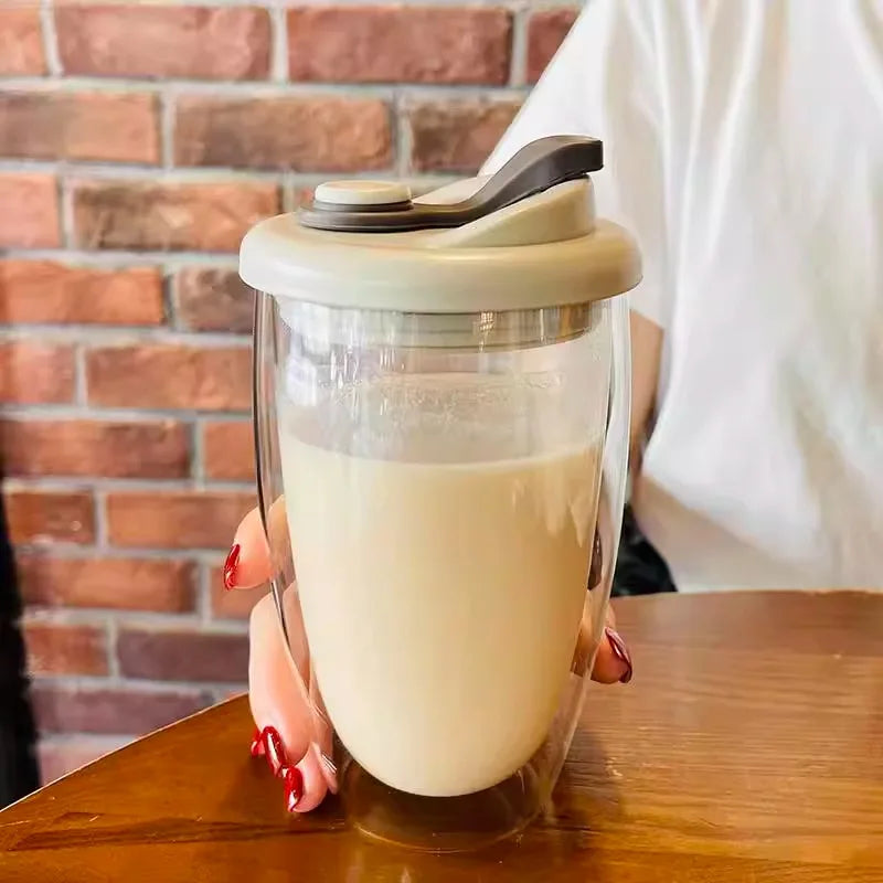 DecorBites™ Double Deck Insulated Glass Coffee Mug With Lid Heat Resistant Water Cup