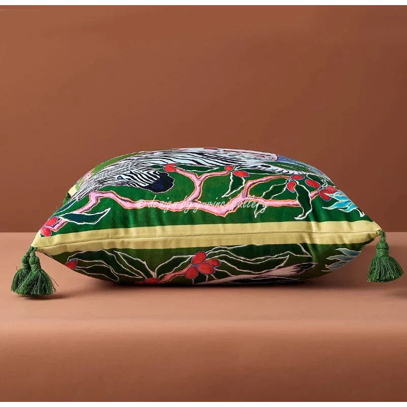 DecorBites™ Chinoiserie Zebra & Peonies Cushion Cover with Tassels