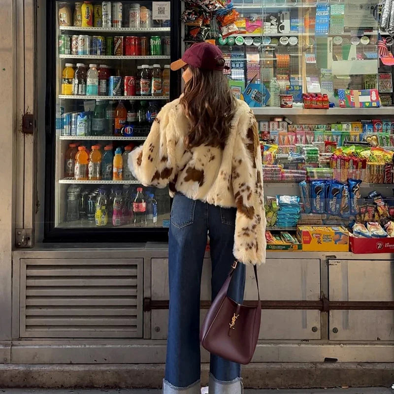 Neo Mint Chic Street Girls Cow Print Fur Coat Women 2025 Winter New Brand Fashion Warm Faux Fur Jacket Autumn Iconic Streetwear
