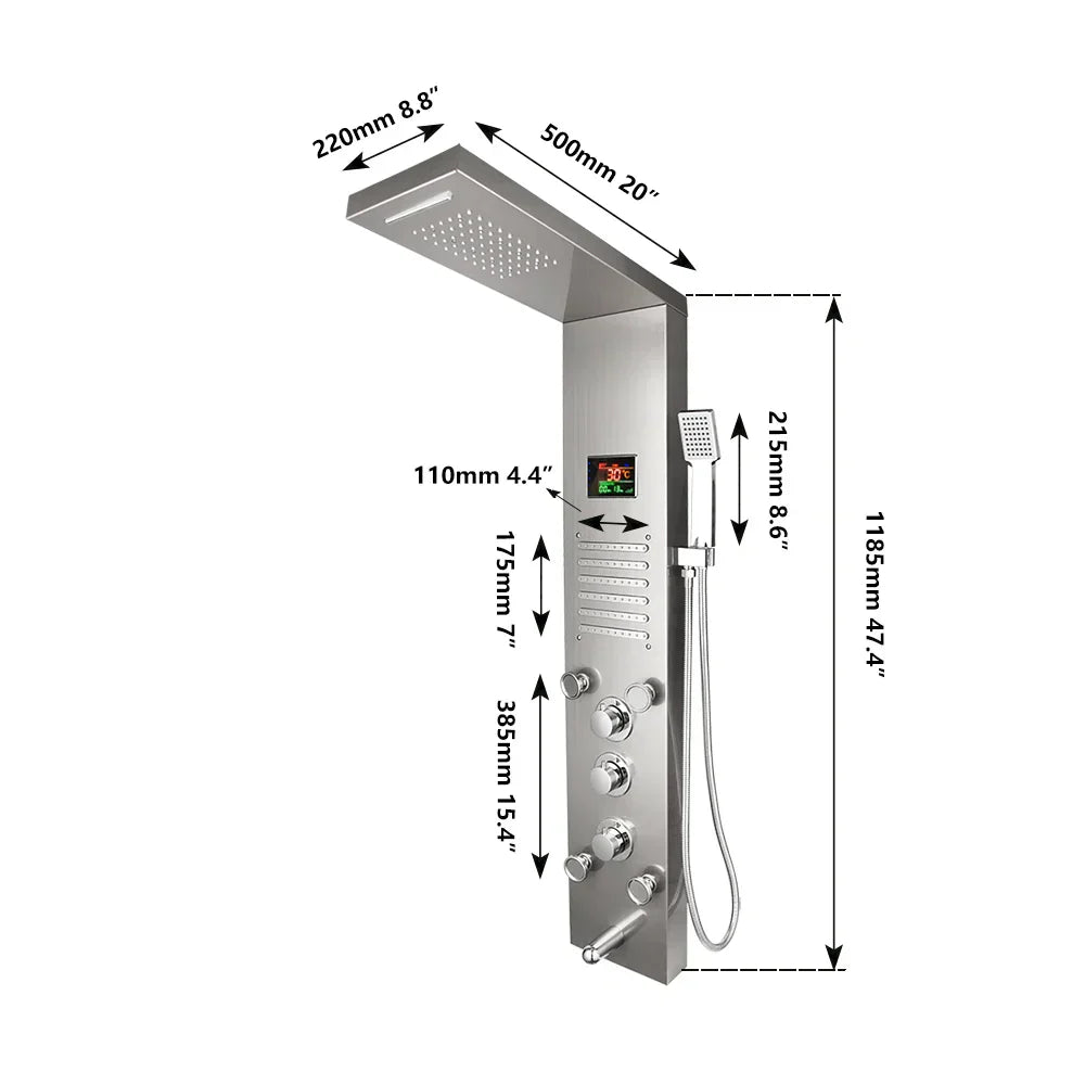 DecorBites™ Dark Grey LED Shower Panel Column with Rainfall Waterfall Spa Jets