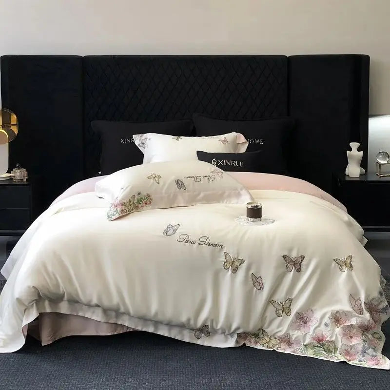 DecorBites™ Butterfly Flowers Embroidery Bedding Set: Silky Soft Eucalyptus Fiber Duvet Cover