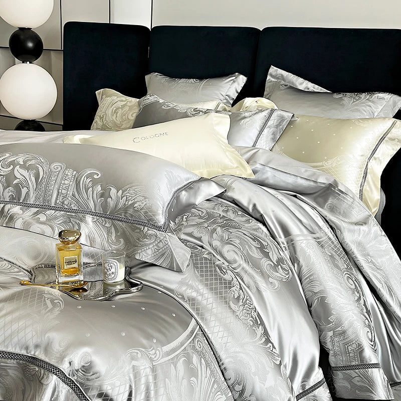 DecorBites™ Brocade Satin Jacquard Egyptian Cotton Bedding Set, Luxury Silky Duvet Cover, Bed Sheet, Pillowcase