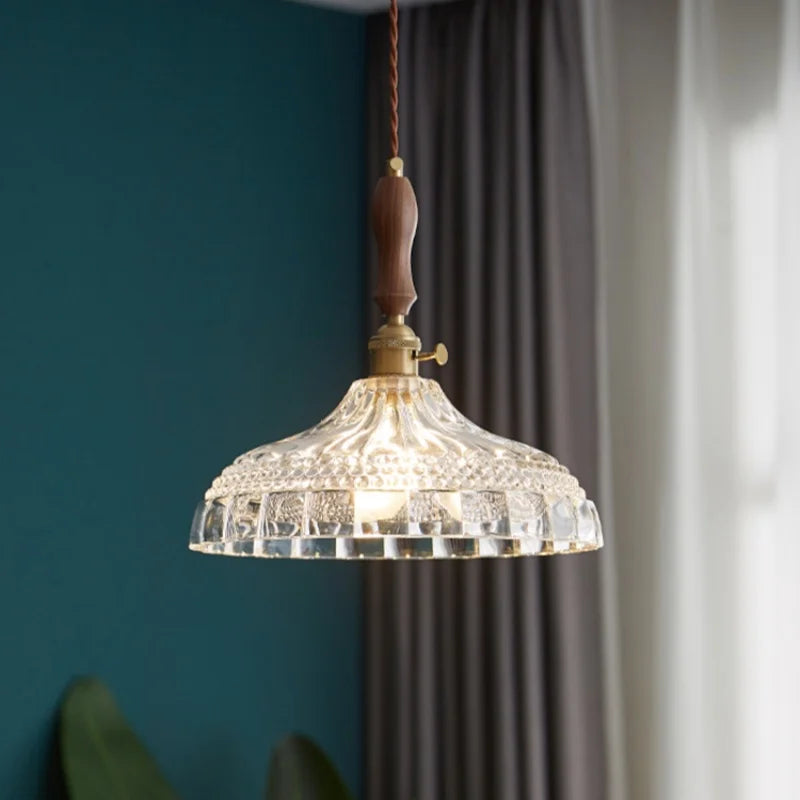 DecorBites™ LED Pendant Light Fixture Wood Handle Clear Glass Modern Hanging Lamp