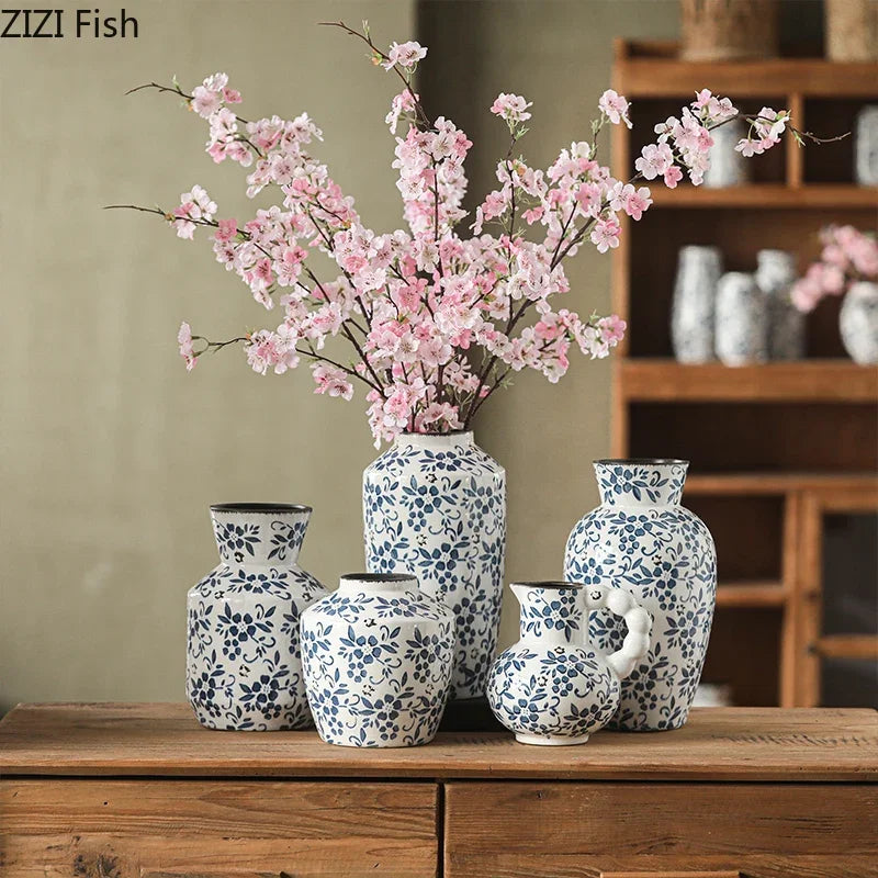 DecorBites™ Blue White Porcelain Vase Hydroponic Ceramic Flower Pot Room Decor