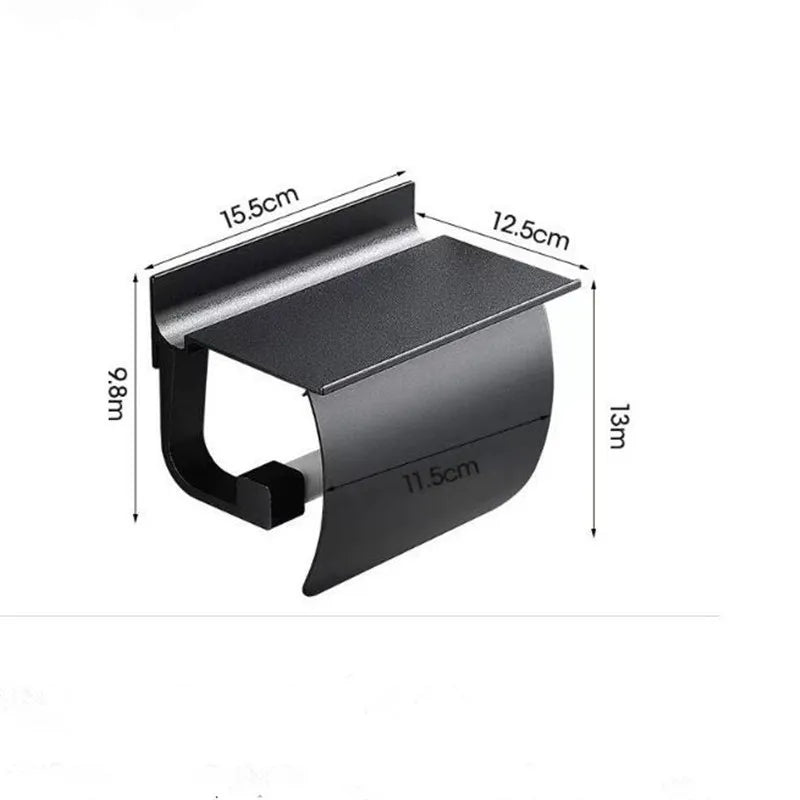 DecorBites™ Black Toilet Paper Holder with Silver Phone Storage Shelf