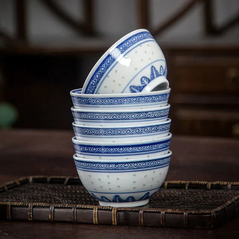 DecorBites™ Chinese Orchid Dragon Bowl - Traditional Blue and White Porcelain Dessert Rice Bowl