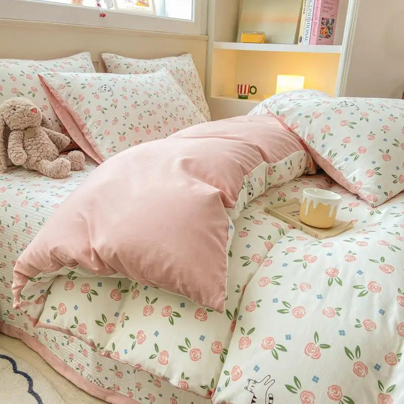 DecorBites™ Cartoon Cat Floral Duvet Cover Set - Pink Kids Girls Bedroom Decor