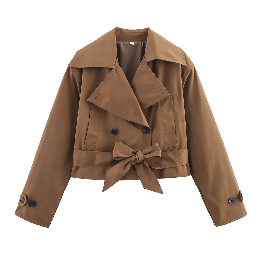 SLTNX 2026 New Women's British Wind Trench Coat Style Double-breasted Long Sleeve Belt Lapel Jacket Short Coat