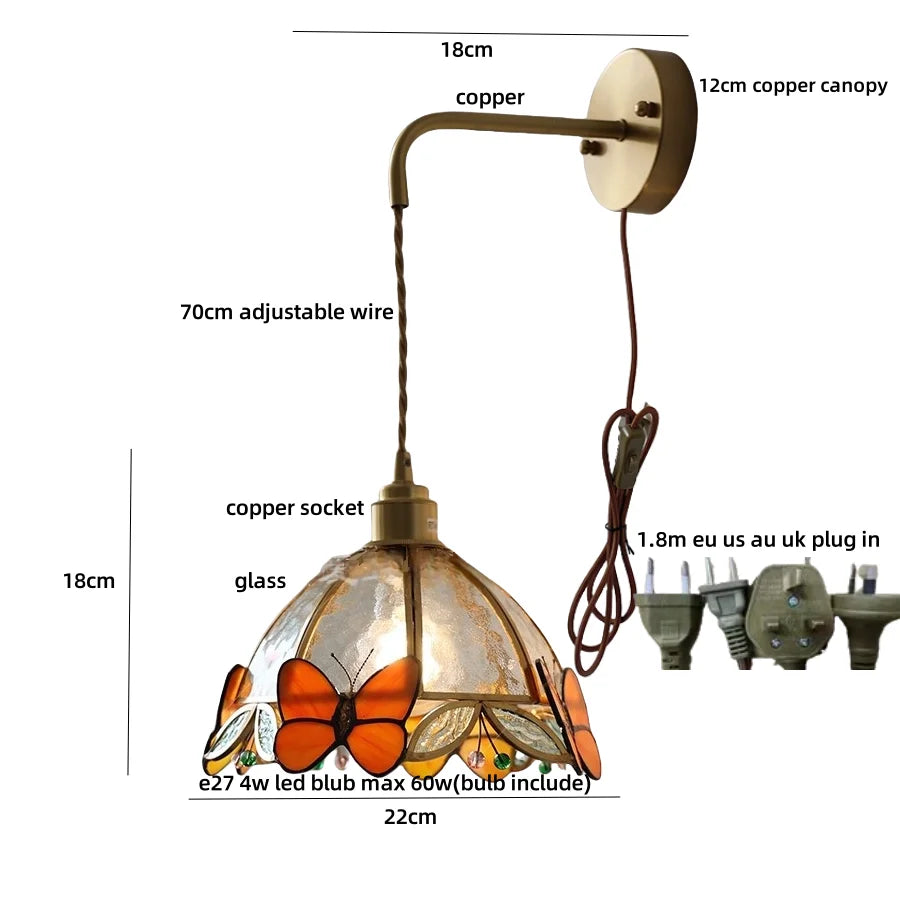 DecorBites™ Butterfly Glass Wall Light Fixture LED Wire Adjustable Lamp