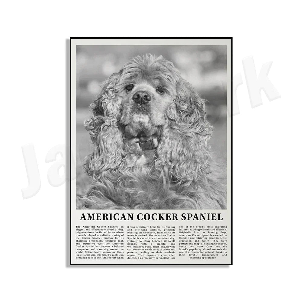 DecorBites™ Black & White Dog Breeds Poster: Greyhound, Cocker Spaniel, Akita, Malamute, Cattle Dog