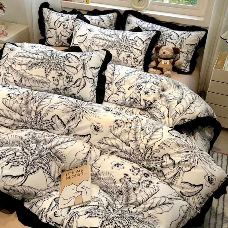 DecorBites™ Korean Black White Hepburn Style Bedding Set with Lace Fitted Sheet Set
