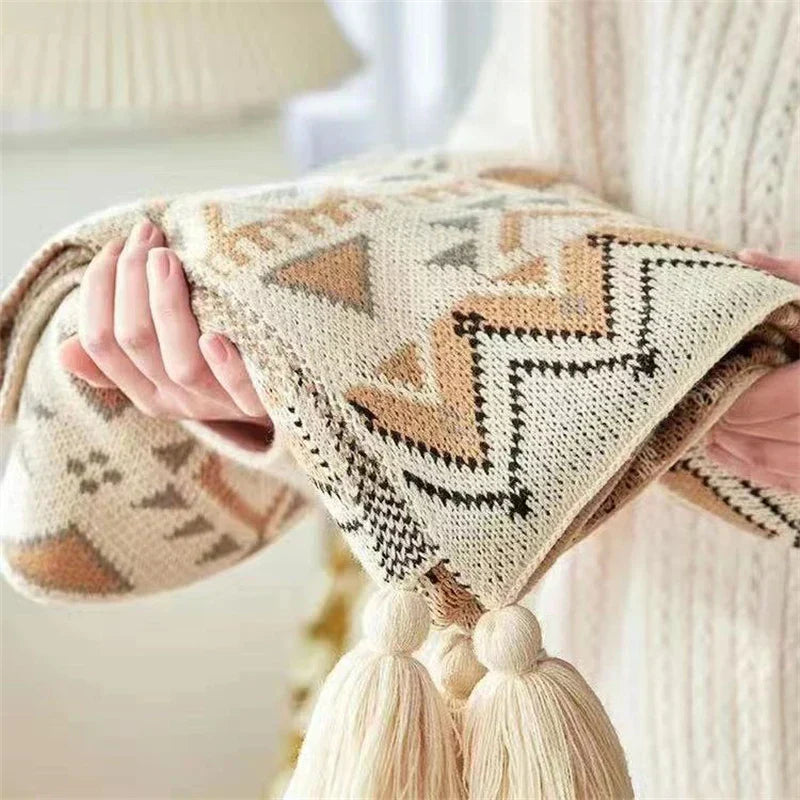 DecorBites™ Bohemian Striped Knit Throw Blanket with Tassel Shawl - Versatile and Cozy Blanket