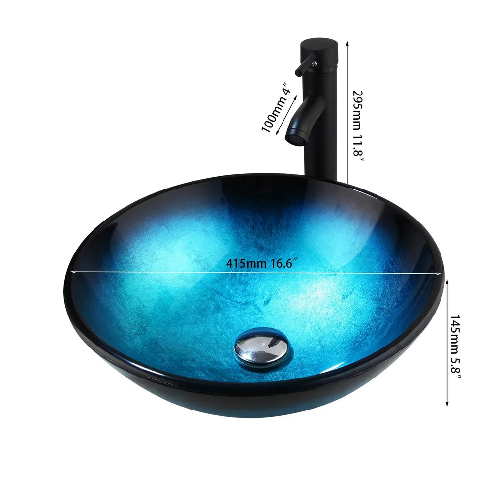 DecorBites™ Bule Glass Sink Set with Matte Black Mixer Faucet Tap and Pop Drain